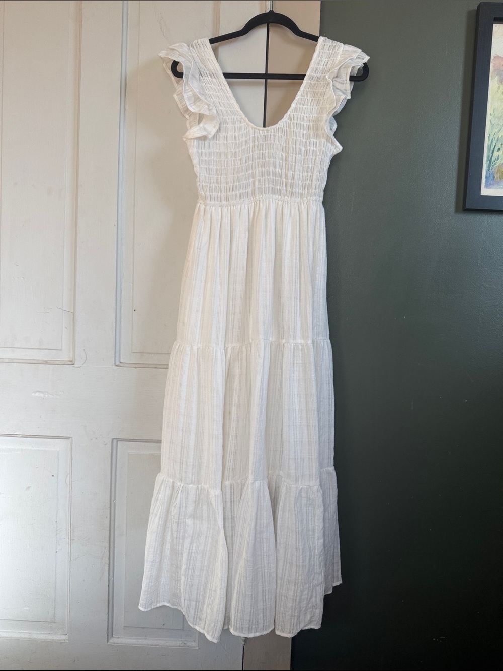 Smocked White Maxi Dress with Flutter Sleeves